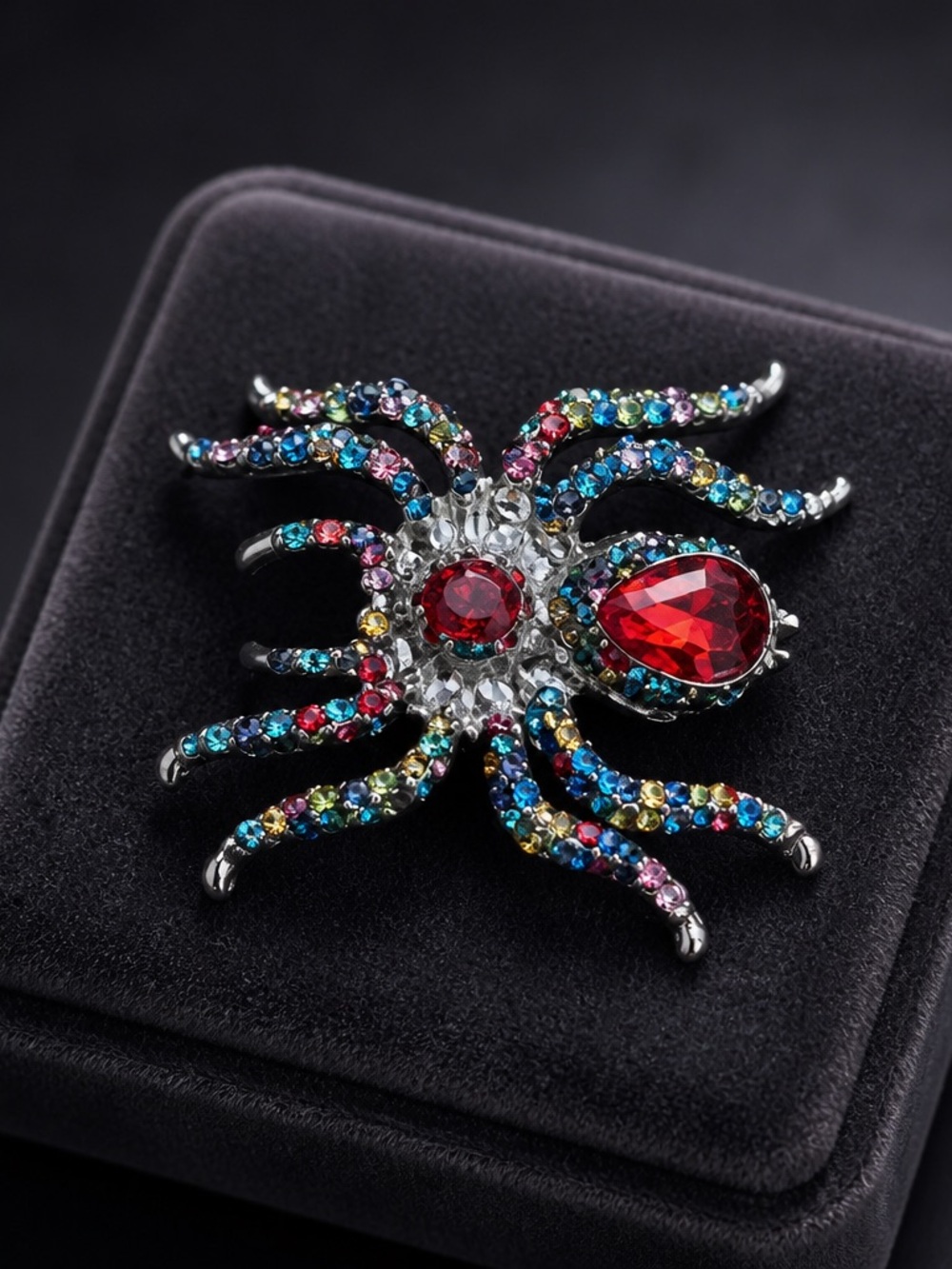 Fashion Jewelry Multicolor Crystal Spider Brooch with Red Teardrop